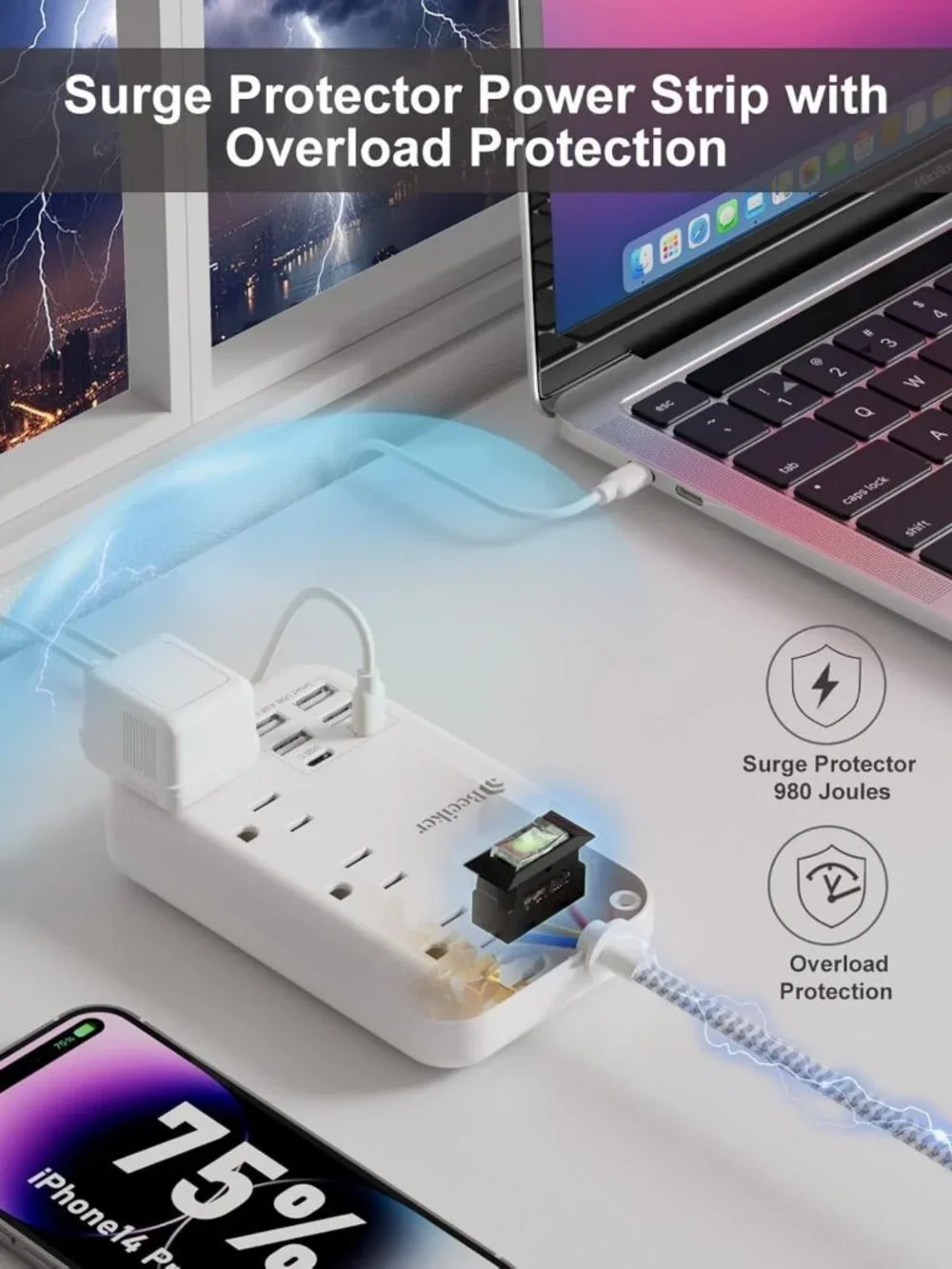 6-Outlet USB Travel Power Strip with 5ft Braided Cord & Surge Protection - Wall